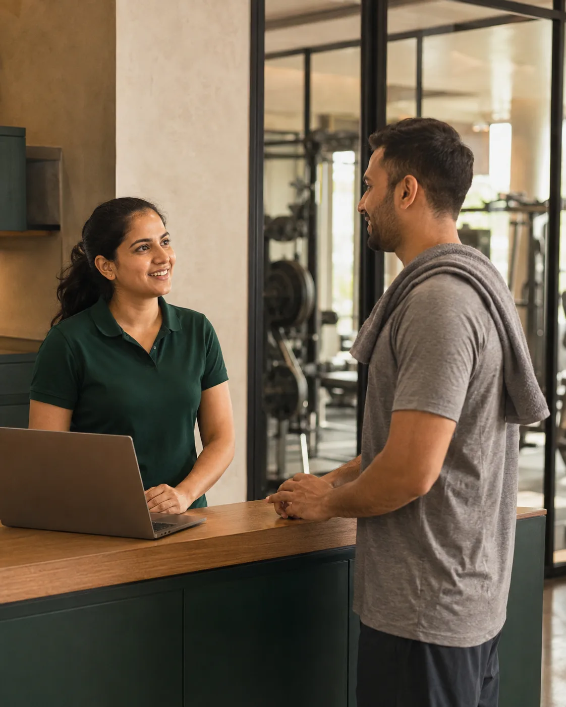 A gym owner welcomes a member at a warm, green reception desk.