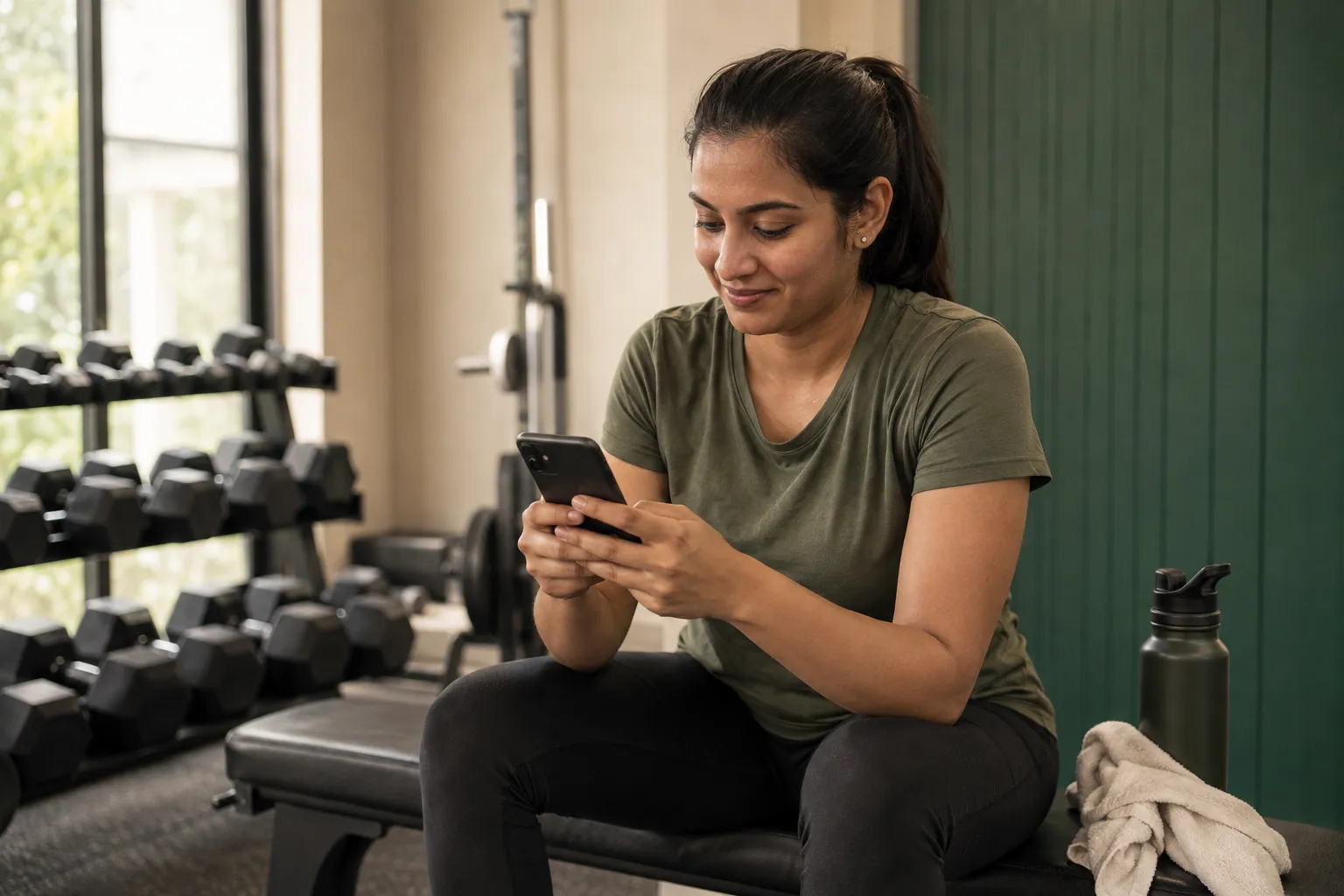A gym member checks her phone between sets beside a dumbbell rack.