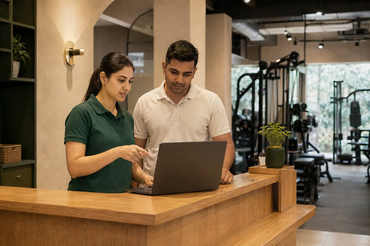 Two gym teammates review the day's work together at reception.