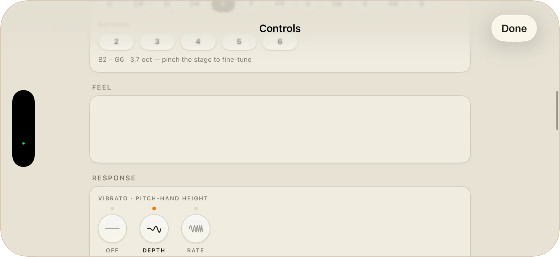 Wavebender's Feel controls — Reverb, Snap, Smooth, Predict and Glissando knobs, with an octave range of B2 to G6.
