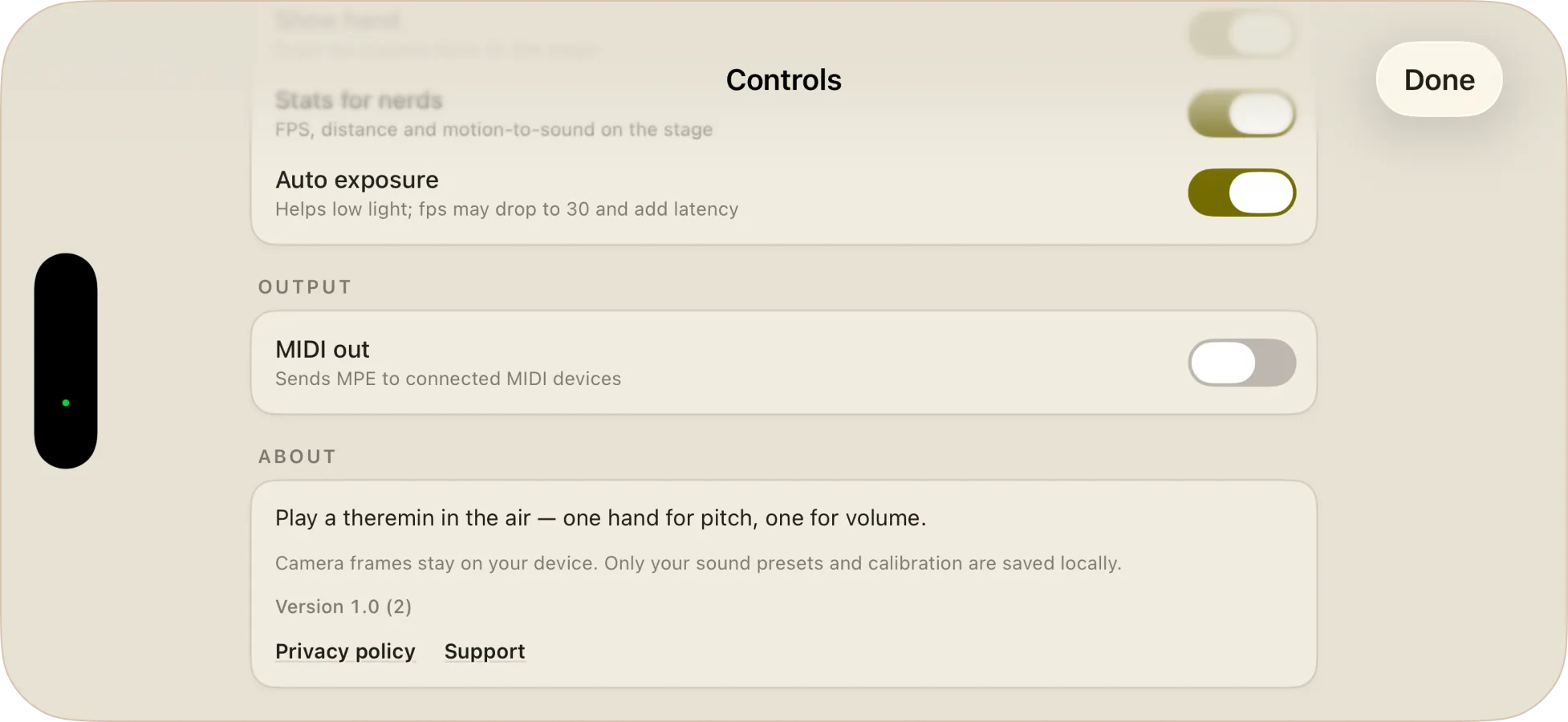 Wavebender settings showing MIDI out, which sends MPE to connected MIDI devices.