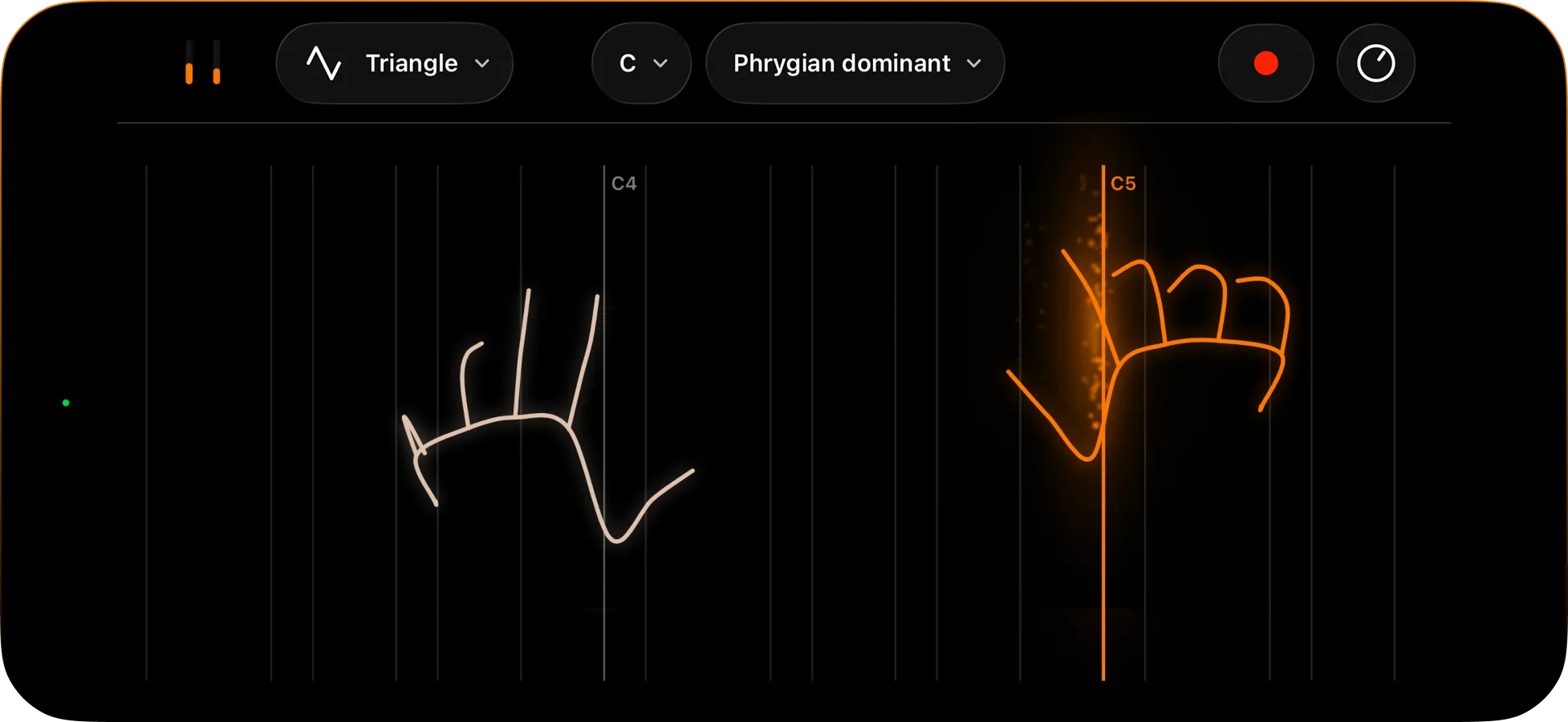 Wavebender's playing stage: a left hand shaping volume around C4 and a right hand shaping pitch at C5, with waveform, key and scale selectors across the top.