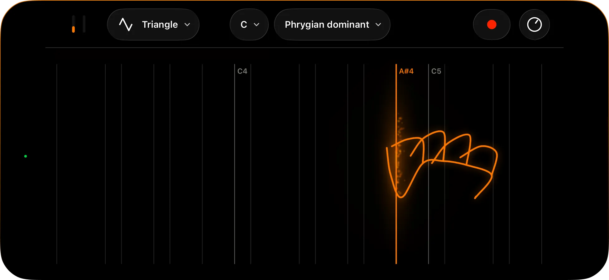 Wavebender's stage with a hand wiggling around the note A#4 to add vibrato.